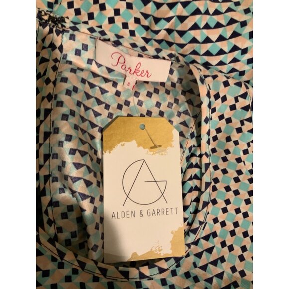 Parker Pink Blue White Geometric Silk Ruffle Sleeveless Peplum Tank Top, Size S - Picture 5 of 5